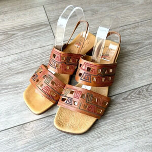 Pikolinos  Brown Tan Leather Embroidered Square Toe Slingback Sandals